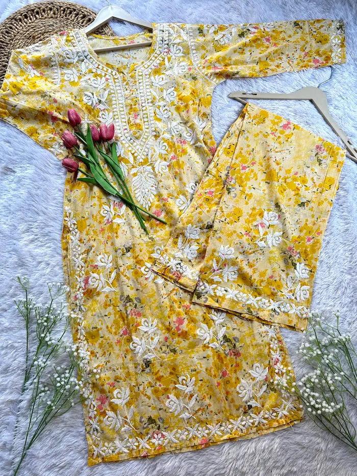 Shifa Yellow Chikankari Printed Mul Mul Set
