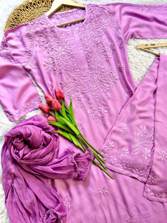 Zeenat Lilac Rayon Chikankari Set - Hayat's Lucknowi