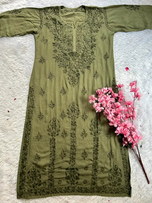 Green Chikankari Modal Long Kurta