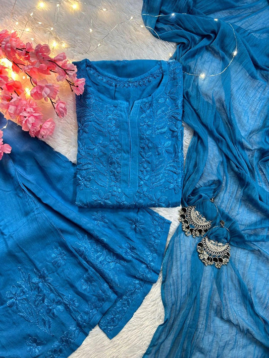 Zeenat Blue Rayon Chikankari Set - Hayat's Lucknowi