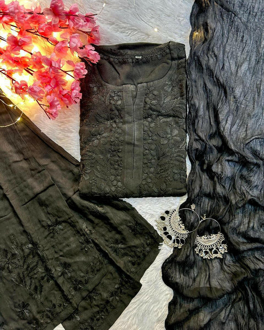 Zeenat Black Rayon Chikankari Set - Hayat's Lucknowi