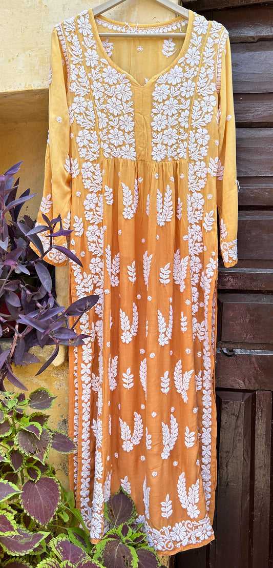 Nisha mustard muslin nyra cut kurti - Hayat's Lucknowi