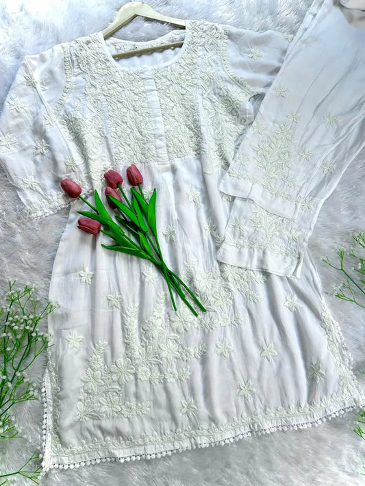 White modal co-ord with Lucknowi chikankari embroidery by Hayat’s Lucknowi