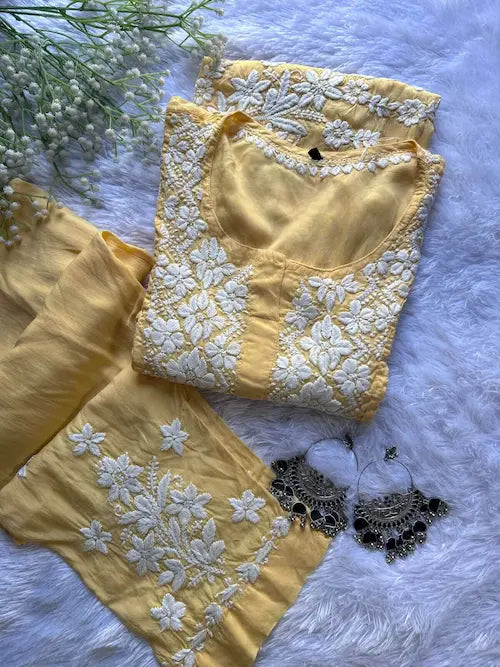 Aiman yellow modal Lucknowi chikankari kurta set featuring delicate hand embroidery for a bright and elegant ethnic ensemble by Hayat's Lucknowi