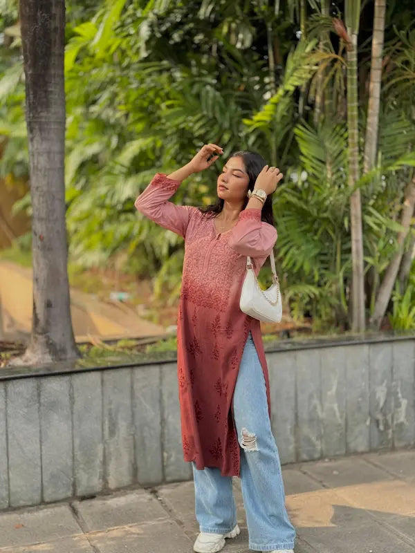 Brown ombre modal chikankari kurti casual wear by Hayat’s Lucknowi