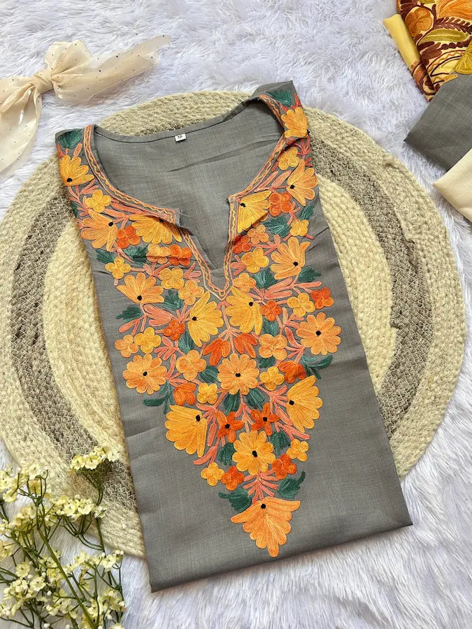Sophisticated ash gray Kashmiri long kurta designed for comfortable traditional winter fashion by Hayat's Lucknowi