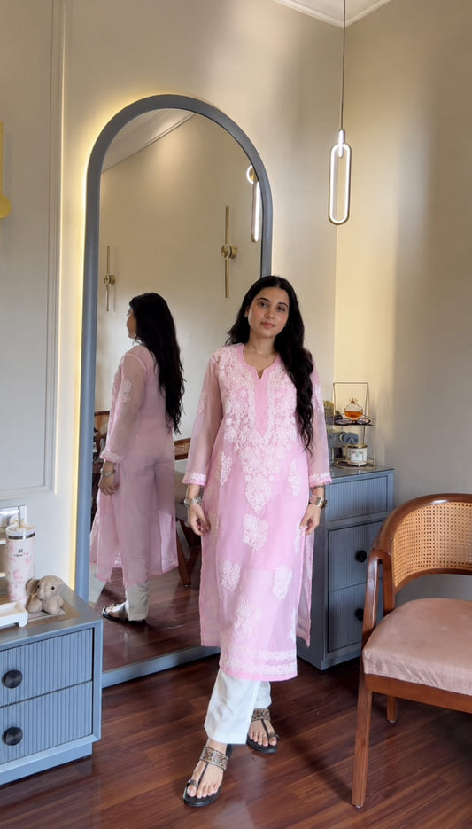 Ayena Baby Pink Georgette Chikankari Kurti featuring intricate hand embroidery on lightweight georgette fabric for an elegant festive and ethnic look by Hayat’s Lucknowi.