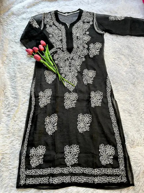 Black georgette kurti with chikankari embroidery by Hayat’s Lucknowi