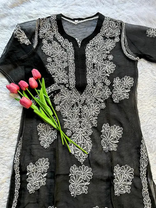 Black georgette kurti with  White  full sleeves  casual wear chikankari embroidery by Hayat’s Lucknowi