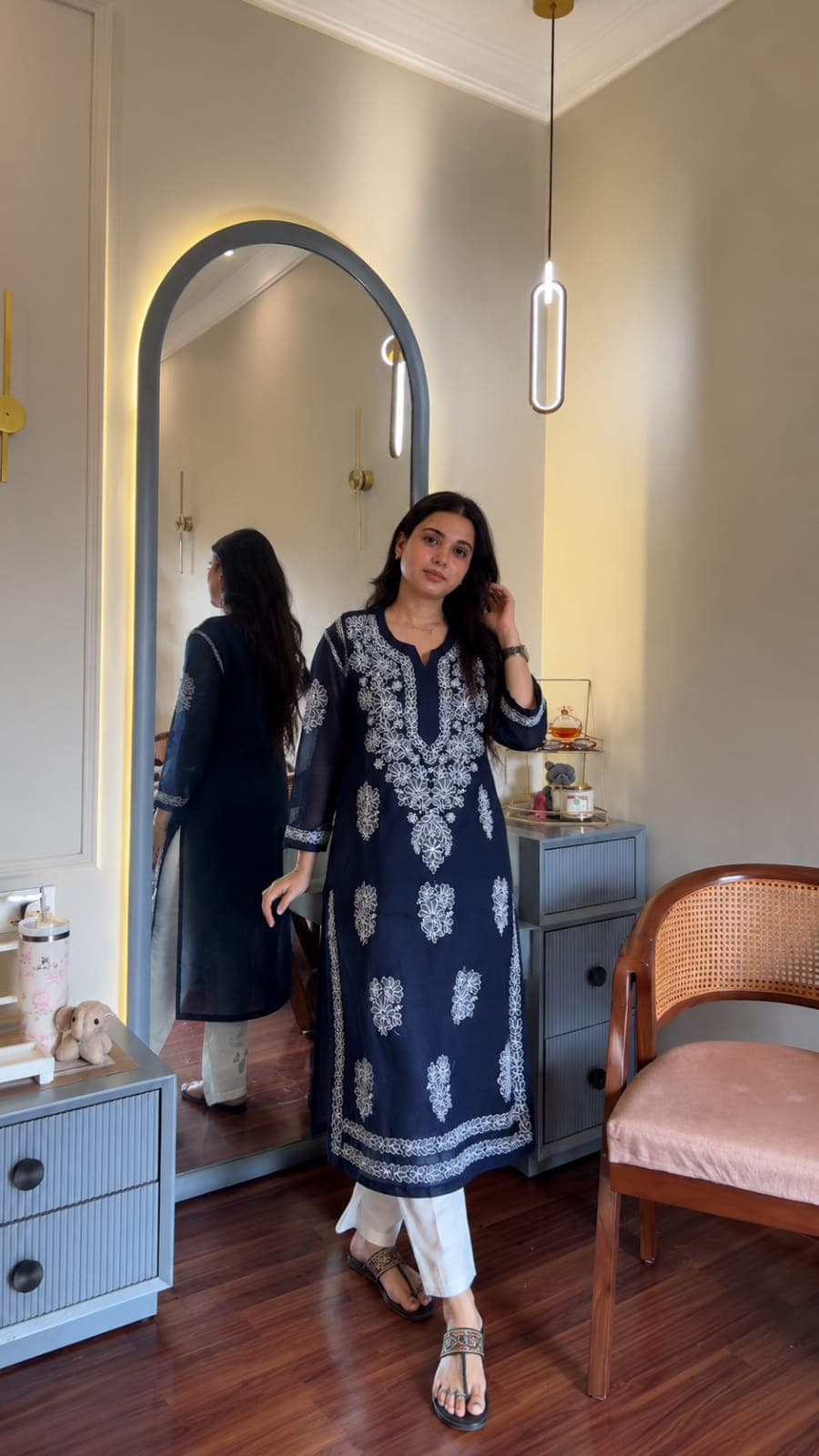 Ayena Black Georgette Chikankari Kurti featuring intricate hand embroidery on lightweight georgette fabric for an elegant festive and ethnic look by Hayat’s Lucknowi.