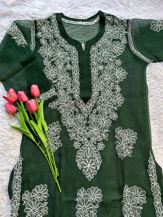 Bottle green georgette chikankari kurti everyday wear by Hayat’s Lucknowi