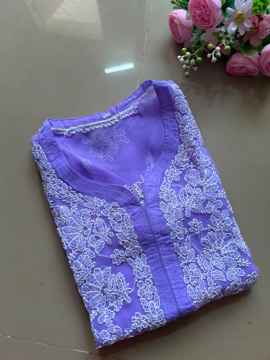 Ayena Lavender Georgette Chikankari Kurti featuring intricate hand embroidery on lightweight georgette fabric for an elegant festive and ethnic look by Hayat’s Lucknowi.