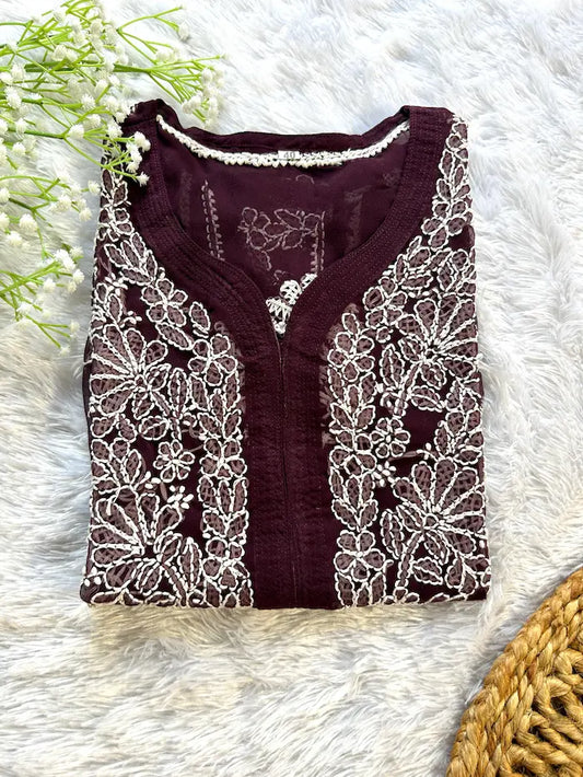 Wine georgette chikankari kurti full sleeves by Hayat’s Lucknowi