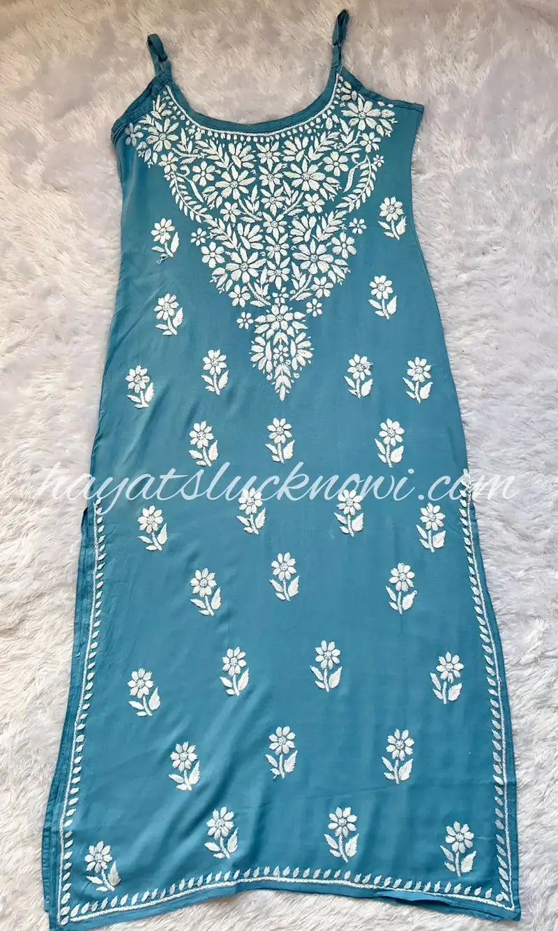 Blue noodle strap long kurti with chikankari embroidery casual wear by Hayat’s Lucknowi