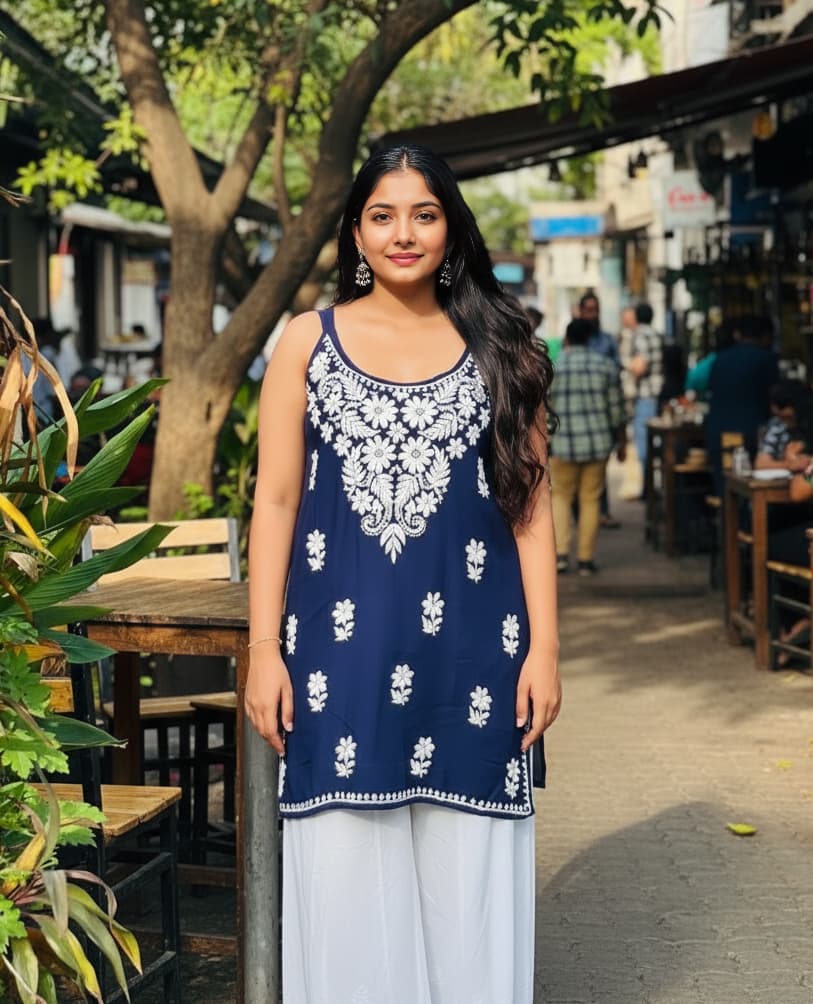 blue noodle strap short kurti with chikankari
embroidery by Hayat’s Lucknowi