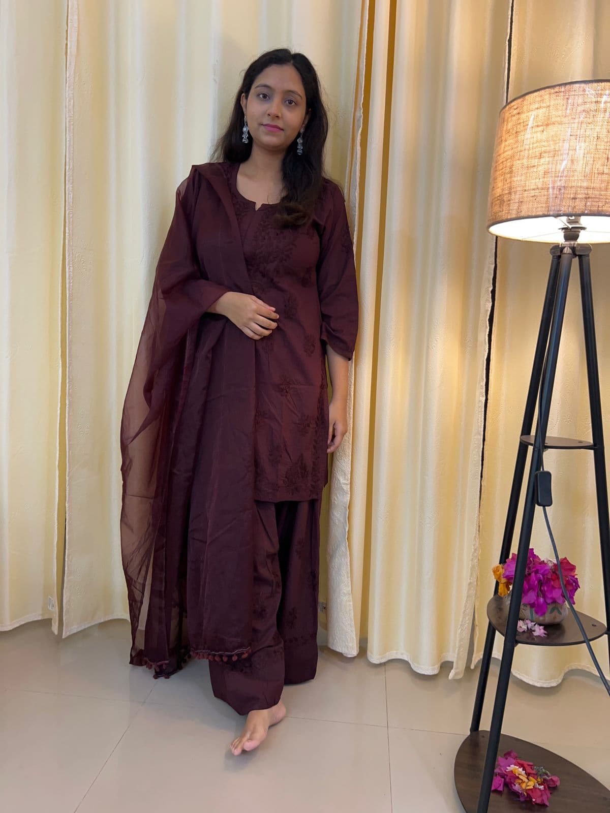 Brown chikankari Farshi shalwar suit featuring intricate hand embroidery and elegant traditional craftsmanship for sophisticated festive and ethnic wear by Hayat's Lucknowi.