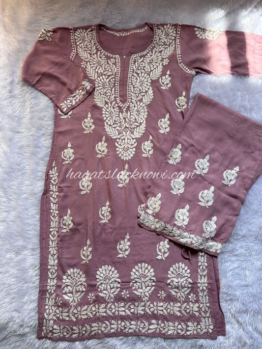 mauve wine chikankari pink colour kurta ser in rayon fabric for festive wear