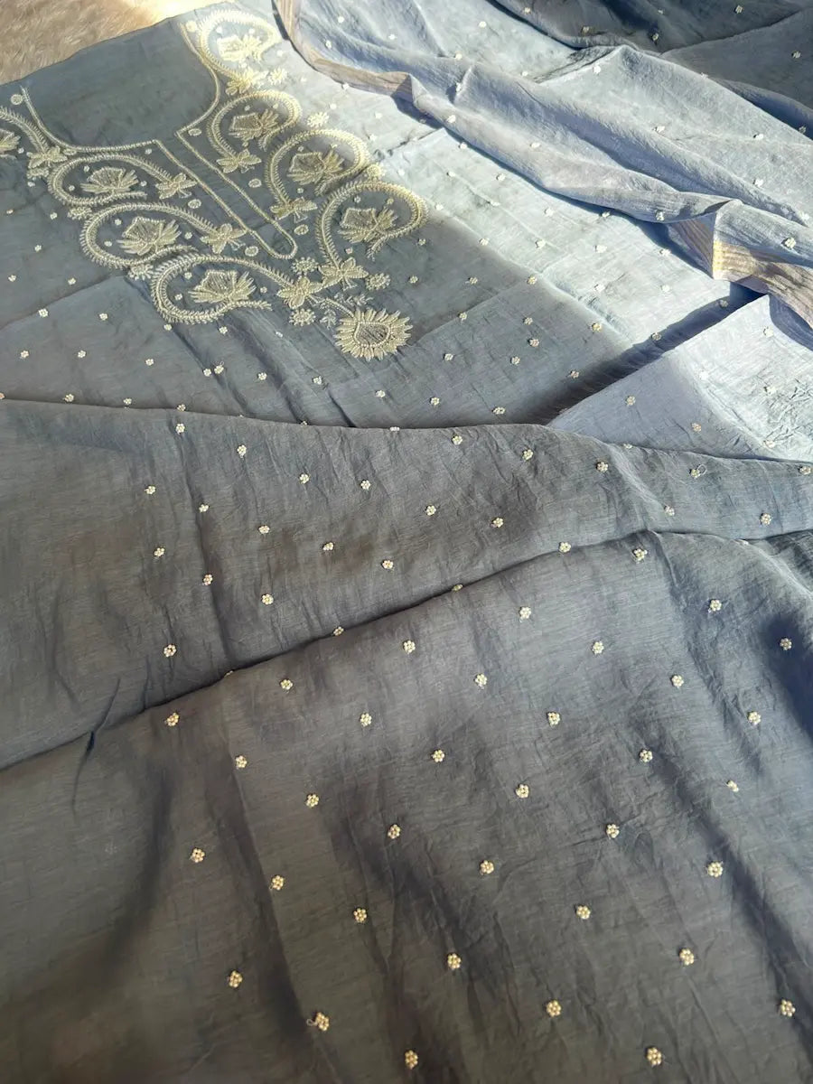 Falak women's blue mul Chanderi handwork kurta and dupatta unstitched suit featuring intricate handcrafted detailing and elegant traditional craftsmanship for timeless ethnic wear by Hayat's Lucknowi.