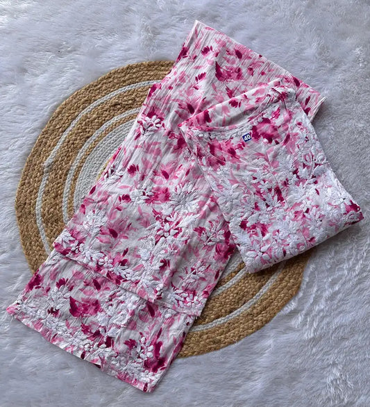 Farheen pink chikankari printed mul mul set featuring soft breathable fabric, delicate printed detailing, and elegant traditional styling for graceful everyday ethnic wear by Hayat's Lucknowi.