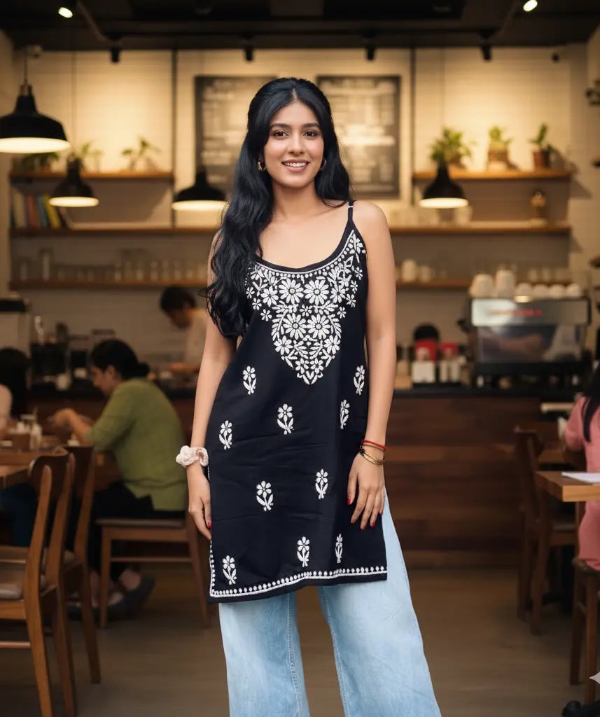black noodle strap short kurti with chikankari
embroidery by Hayat’s Lucknowi