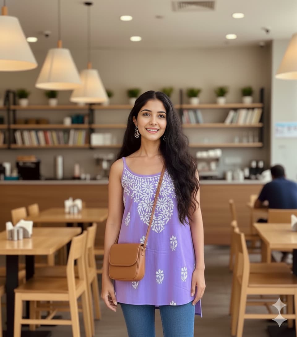 lavender noodle strap short kurti with chikankari
embroidery by Hayat’s Lucknowi