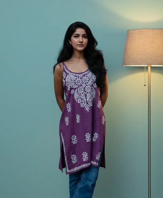 Purple noodle strap short kurti with chikankari
embroidery by Hayat’s Lucknowi”