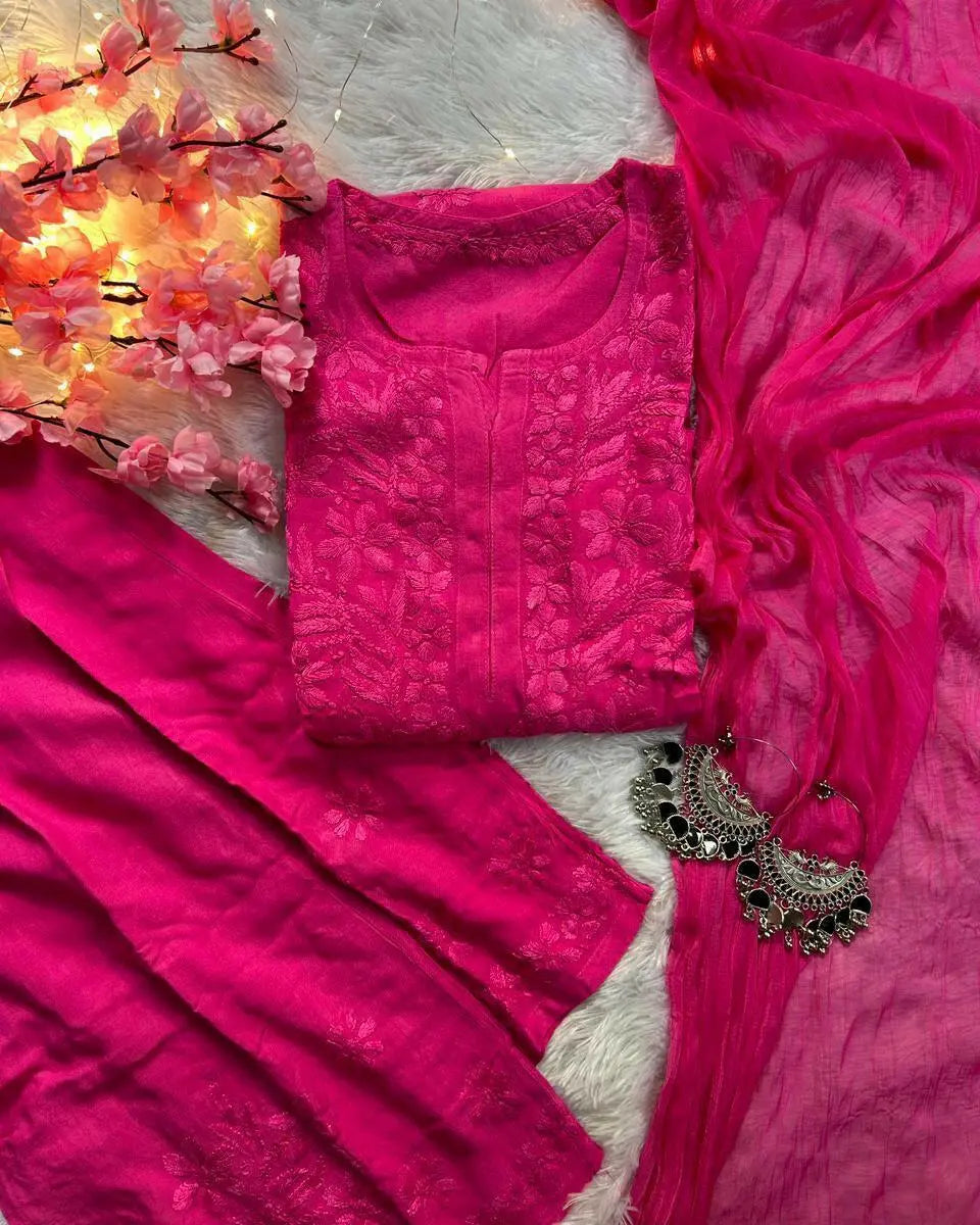 Fuchsia rayon kurta set with Lucknowi chikankari embroidery by Hayat’s Lucknowi