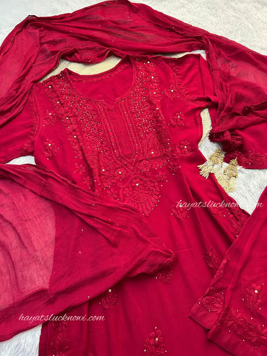 Fuchsia rayon mukesh chikankari suit with full sleeves festive wear set by Hayat’s Lucknowi