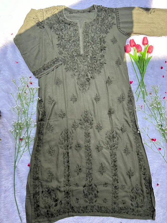 Gray modal long kurta with chikankari embroidery everyday wear by Hayat’s Lucknowi