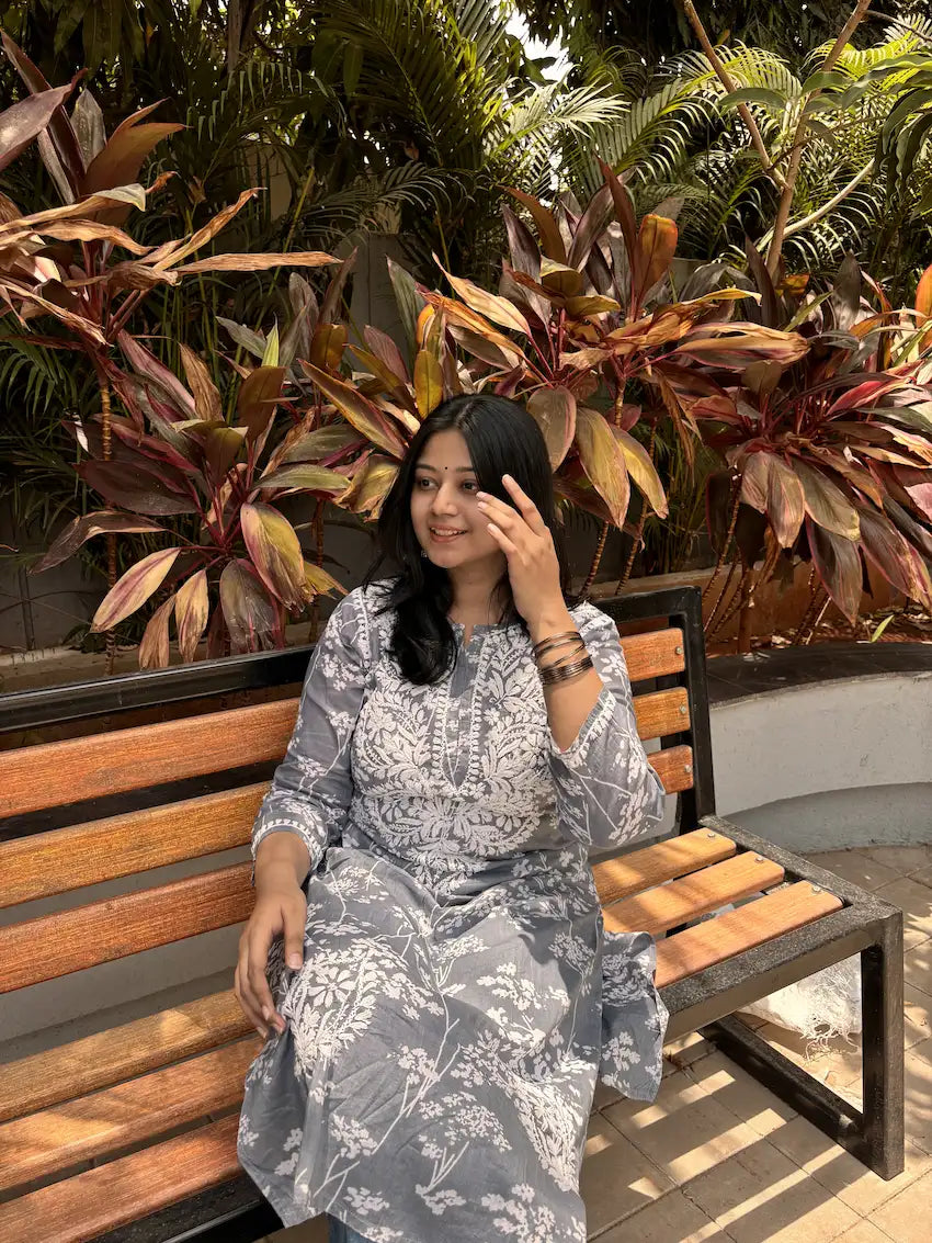 grey mul mul chikankari hand work floral kurta
