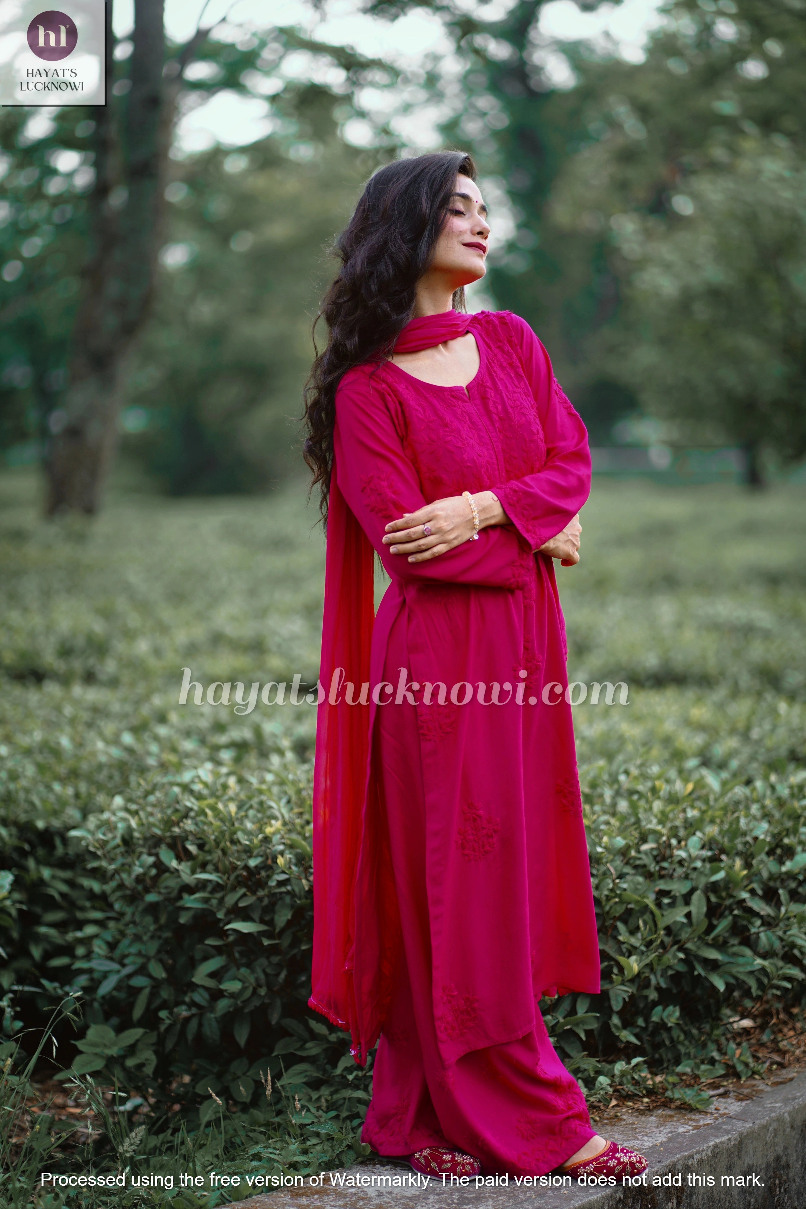 Zeenat fuchsia rayon chikankari set