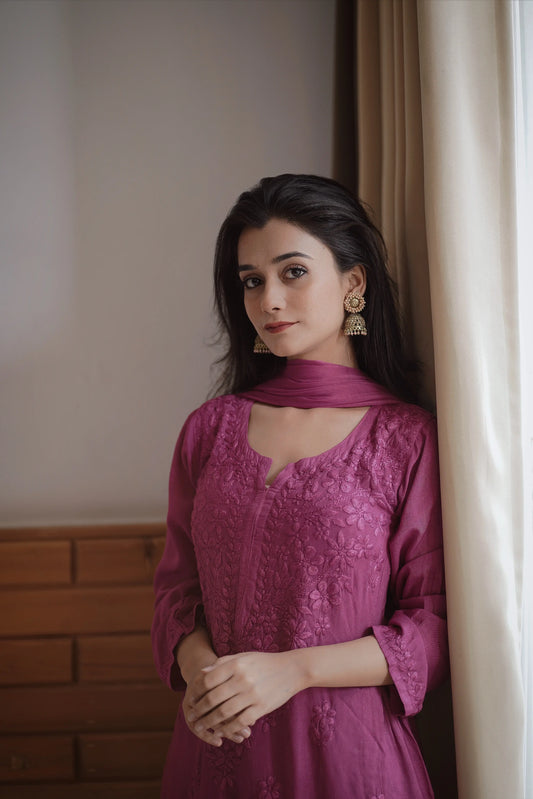 Zeenat Wine Rayon Lucknowi Chikankari Set