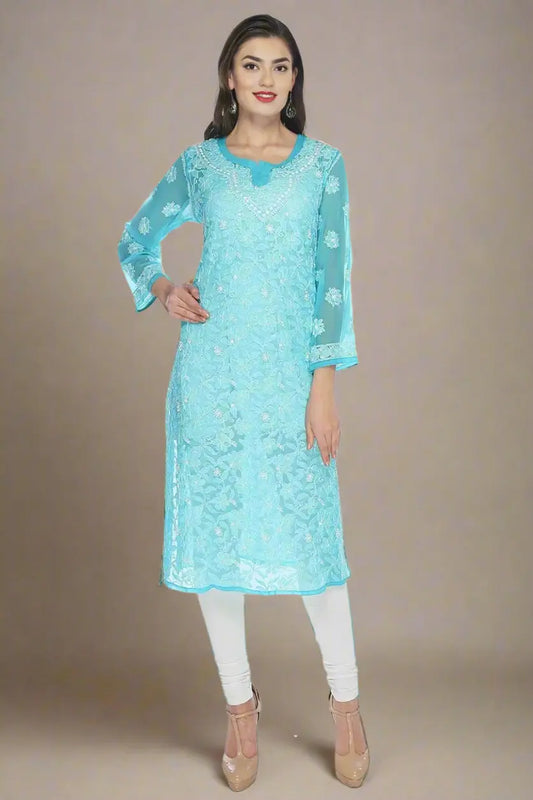 Aqua green georgette chikankari kurti by Hayat’s Lucknowi