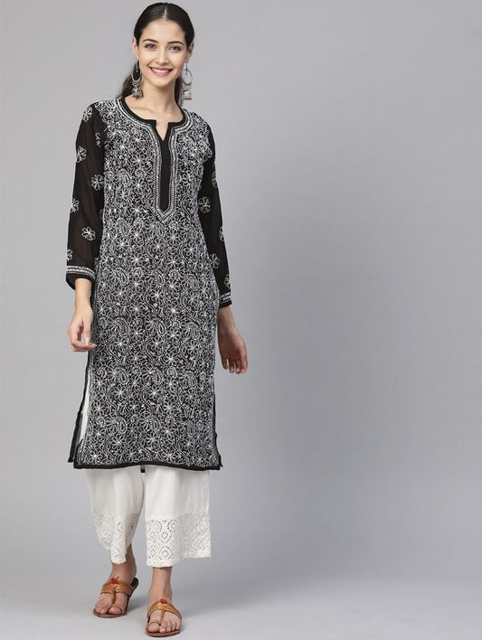 Black georgette chikankari kurti with embroidery casual wear details by Hayat’s Lucknowi