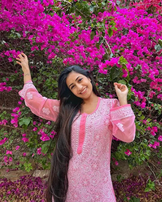 Peach georgette chikankari kurti with embroidery by Hayat’s Lucknowi