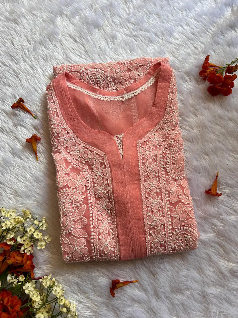 Peach georgette chikankari kurti with embroidery festive wear by Hayat’s Lucknowi