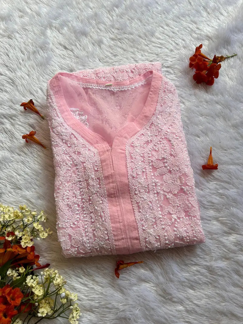 Light Pink georgette chikankari kurti by Hayat’s Lucknowi
