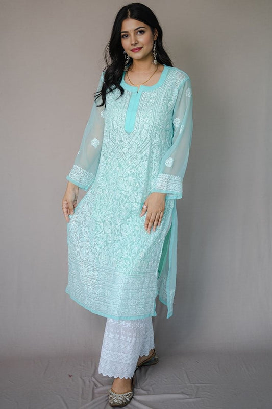 Sky blue georgette chikankari kurti by Hayat’s Lucknowi