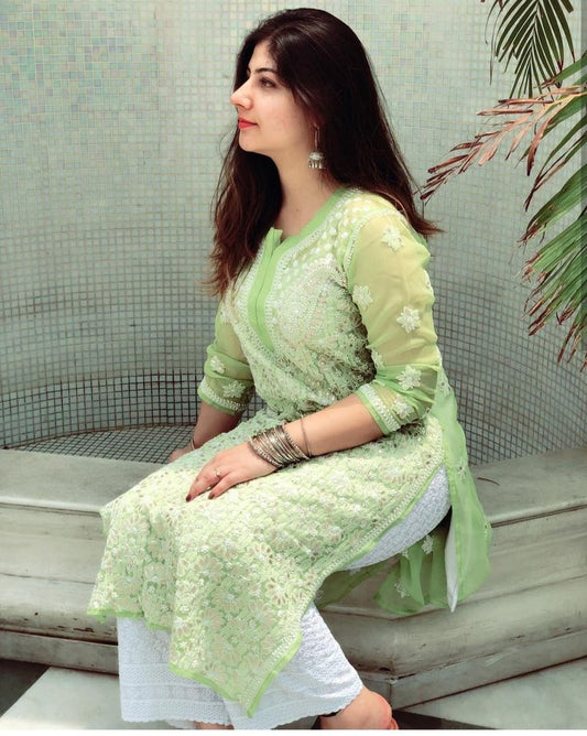 Green georgette chikankari kurti by Hayat’s Lucknowi