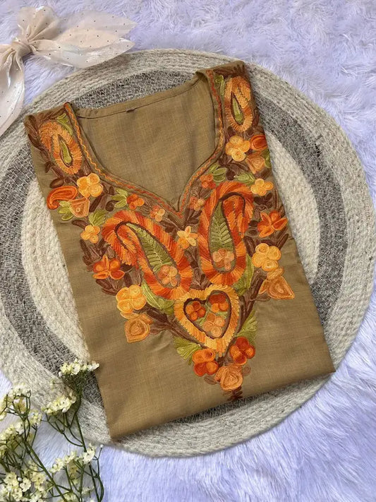 Khaki Kashmiri short kurta featuring traditional paisley embroidery by Hayat's Lucknowi