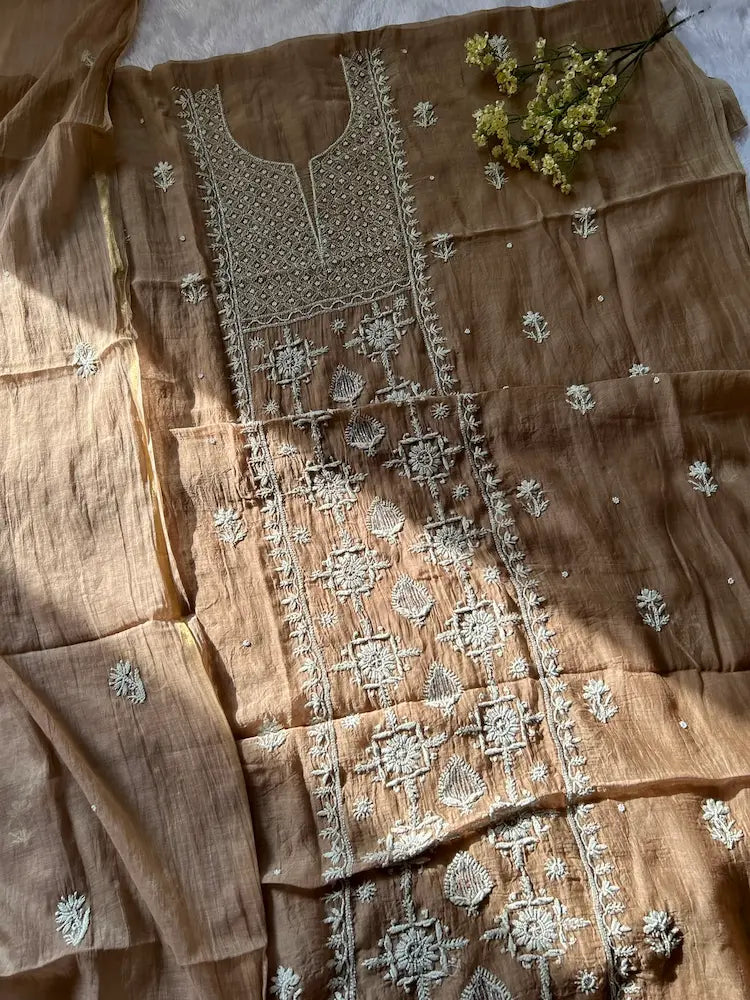 Khazra women's brown mul Chanderi handwork kurta and dupatta unstitched suit featuring intricate handcrafted detailing and elegant traditional craftsmanship for timeless ethnic wear by Hayat's Lucknowi.