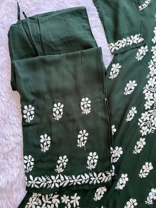 Green rayon chikankari suit set with kurta, bottom & dupatta by Hayat’s Lucknowi