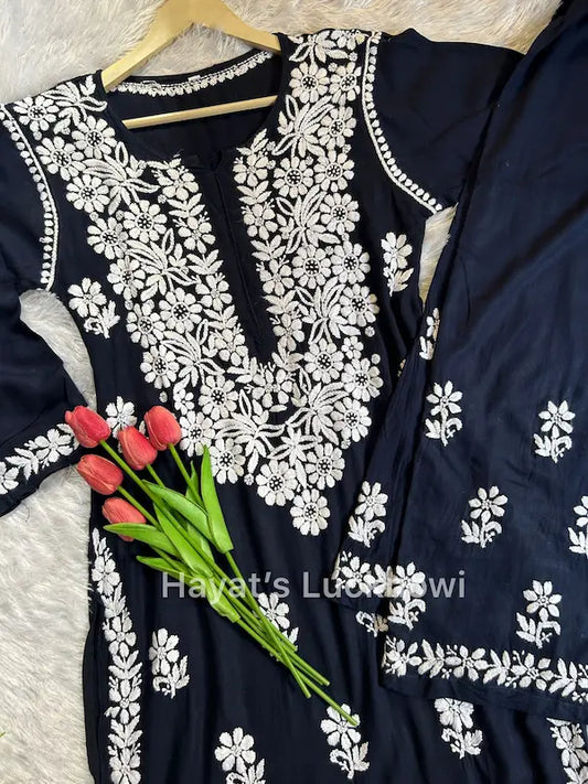 Navy rayon kurta set with chikankari embroidery by Hayat’s Lucknowi