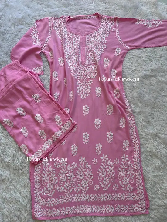 Khushi pink Lucknowi chikankari rayon kurta set featuring delicate hand embroidery and elegant traditional craftsmanship for graceful festive and everyday ethnic wear by Hayat's Lucknowi.