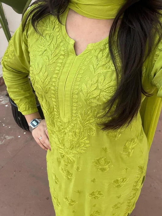 Lavanya Henna Green Lucknowi Chikankari Kurta Set by Hayat's Lucknowi