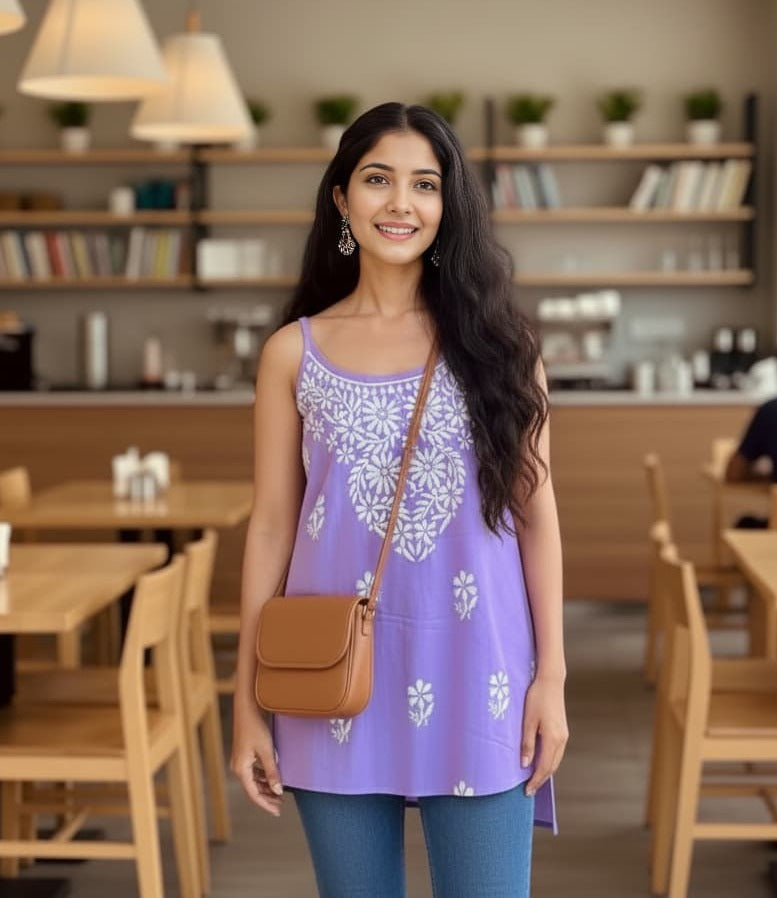 Lavender noodle strap short kurti with chikankari
embroidery by Hayat’s Lucknowi