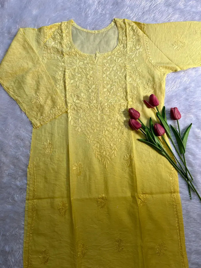 Yellow chanderi kurti with embroidery details festive wear by Hayat’s Lucknowi