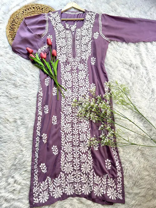 Mauve panel modal kurti with chikankari embroidery by Hayat’s Lucknowi