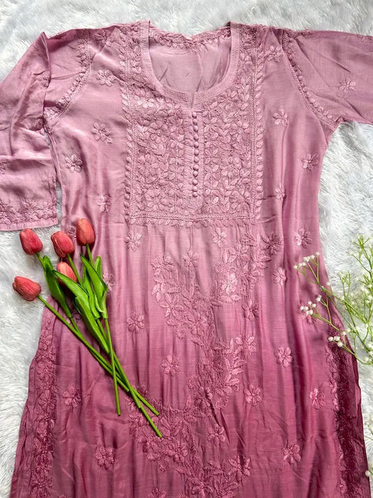 Mauve muslin silk kurti with embroidery by Hayat’s Lucknowi
