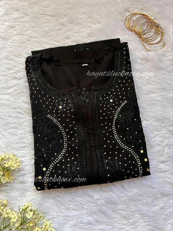 Black rayon chikankari kurti with embroidery party wear full sleeves by Hayat’s Lucknowi